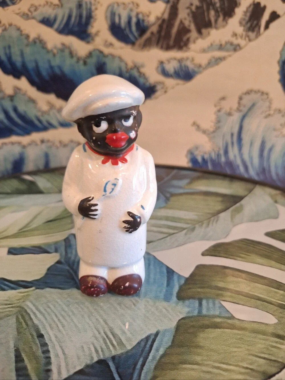 Vintage Single Shaker Ceramic Chef in White Coat with Red Accent